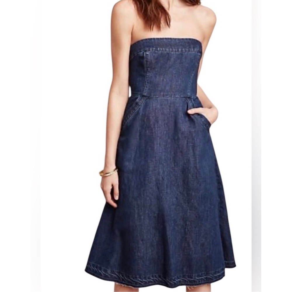 Holding Horses Anthropologie Strapless Denim Midi Dress 4